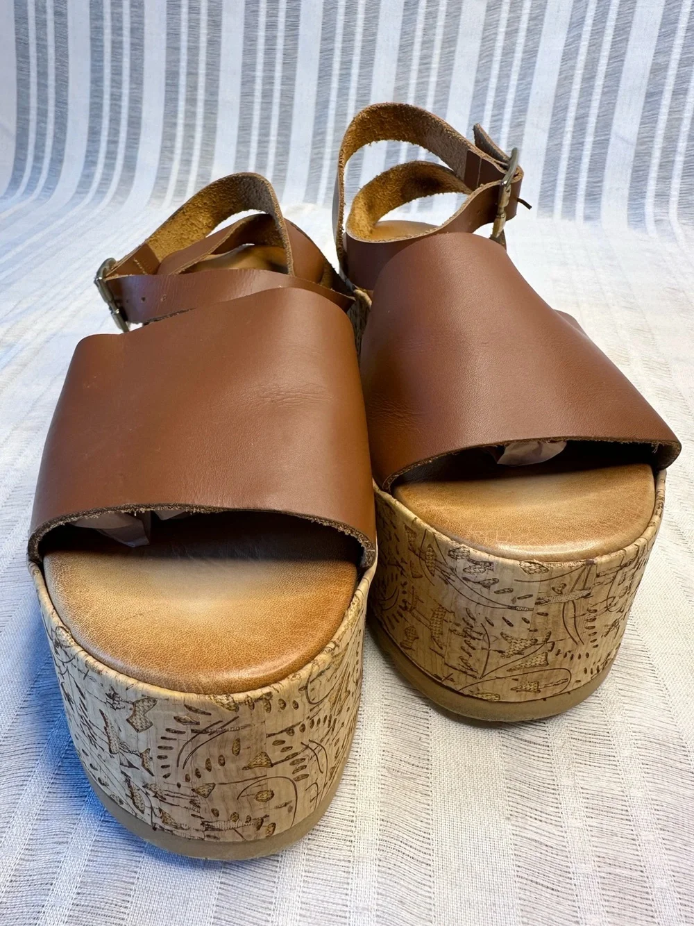 European Leather Embossed Cork Platform Sandals